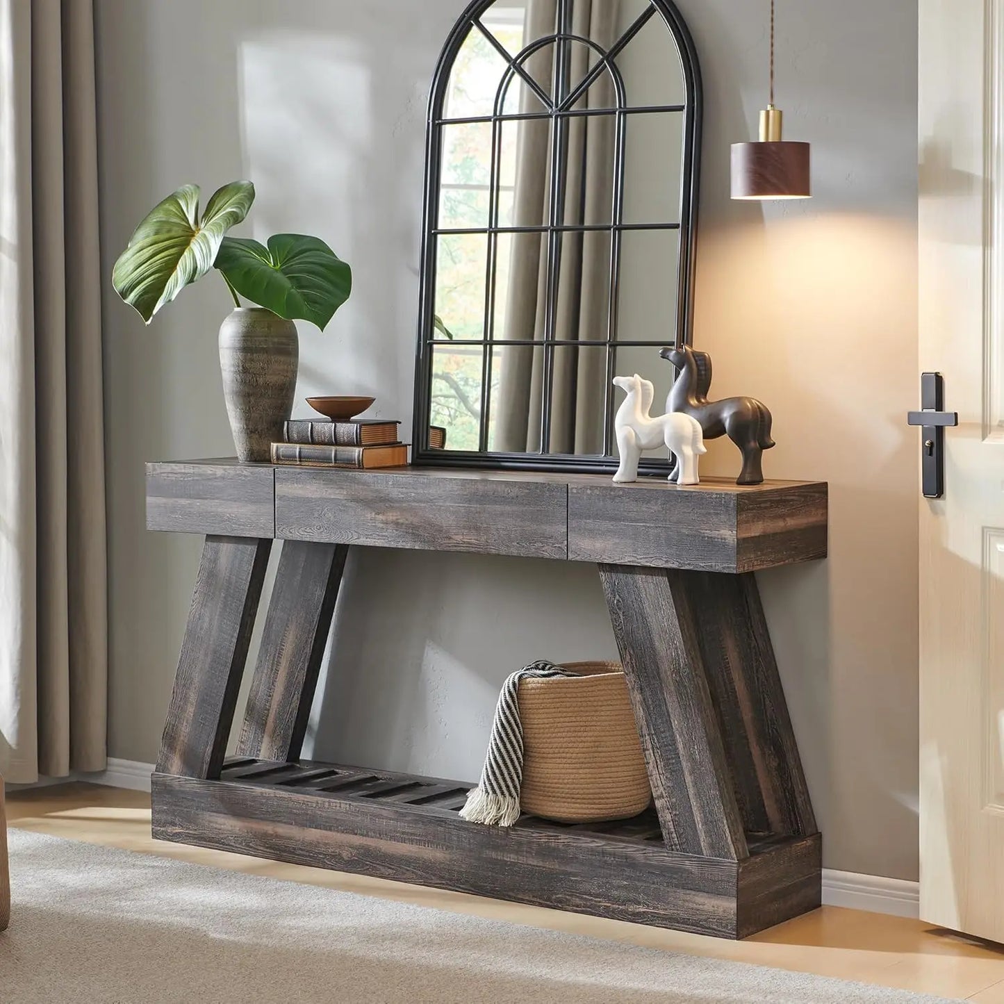 60" Farmhouse Entryway Table with Drawer, Console Table Behind Sofa