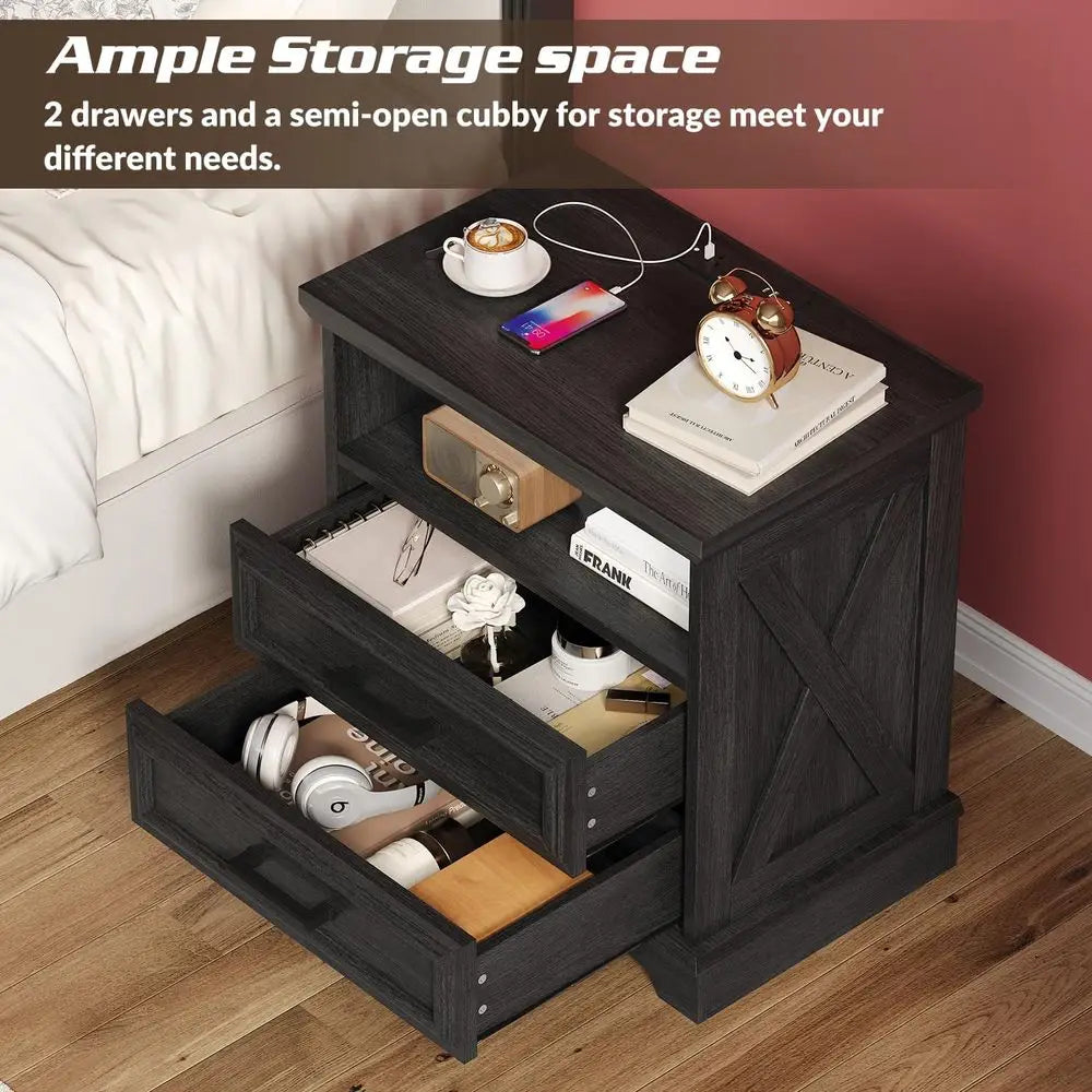 Gray Wood Nightstands (Set of 2) – Large‑Drawer Bedside Tables with Built‑In Charging Station