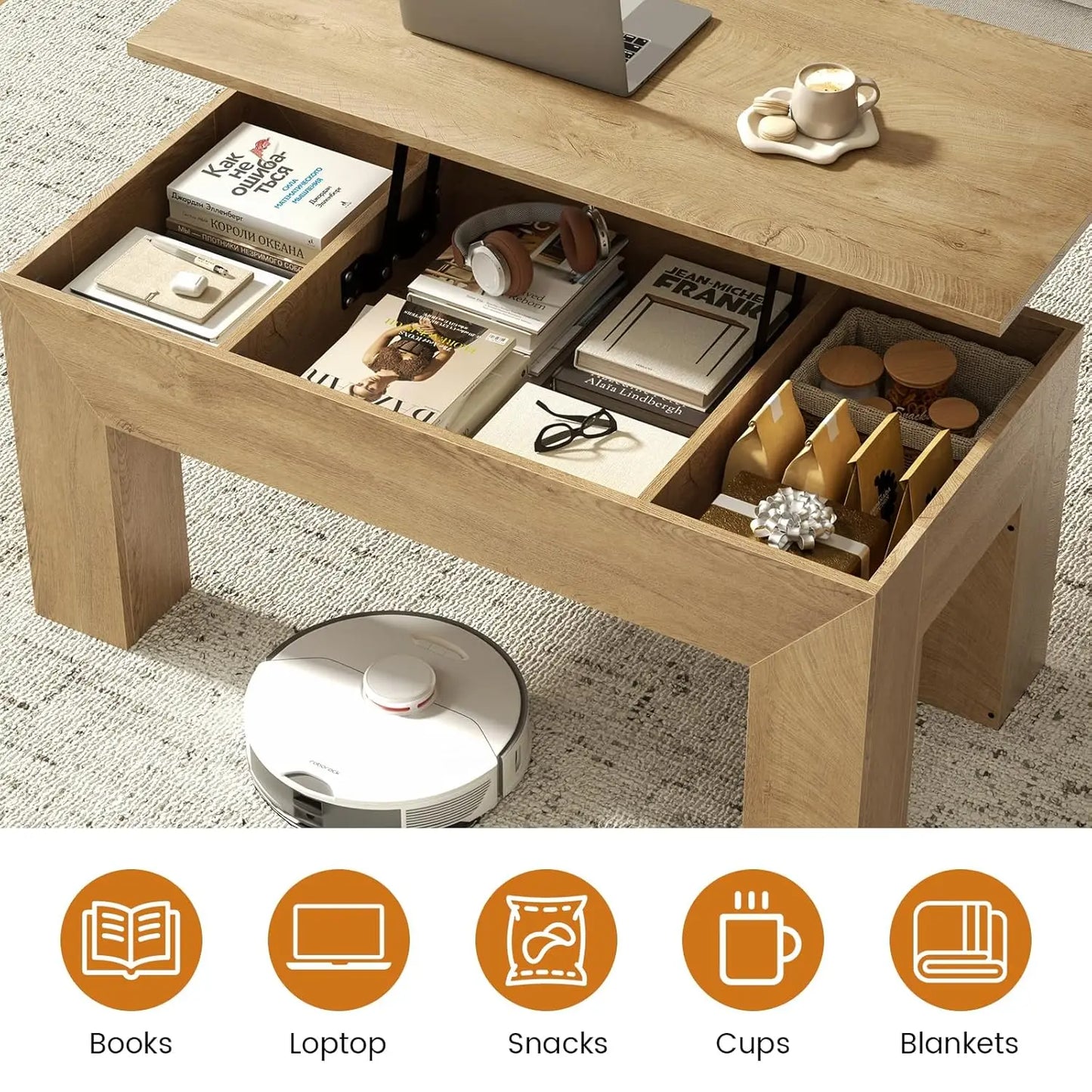 41" Lift Top Coffee Table, Wooden Rectangle with Hidden Storage
