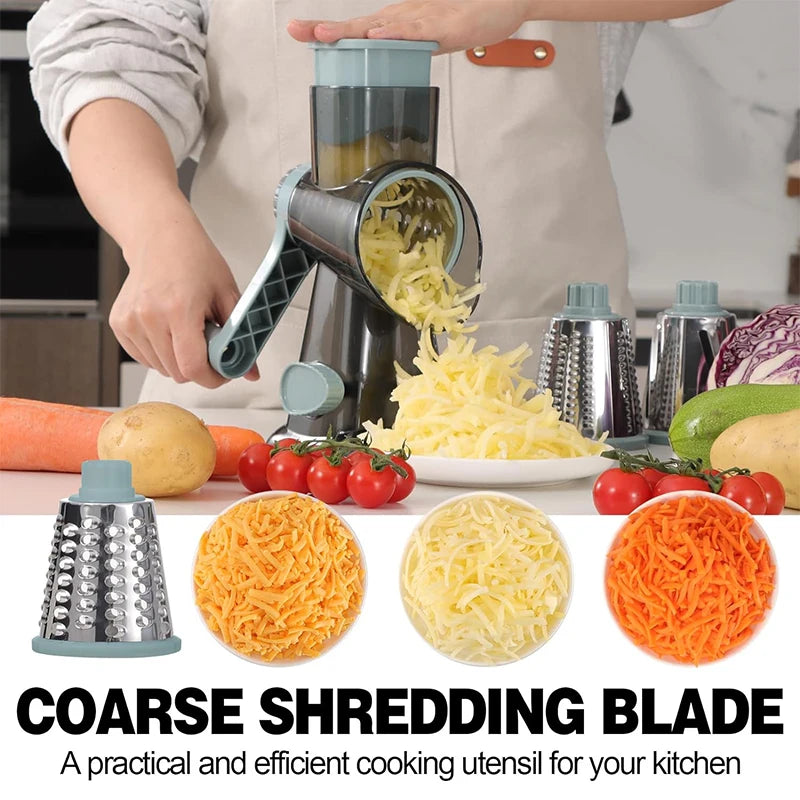 3‑in‑1 Rotary Cheese Grater – Manual Vegetable Slicer & Nut Grinder with Clear Hopper