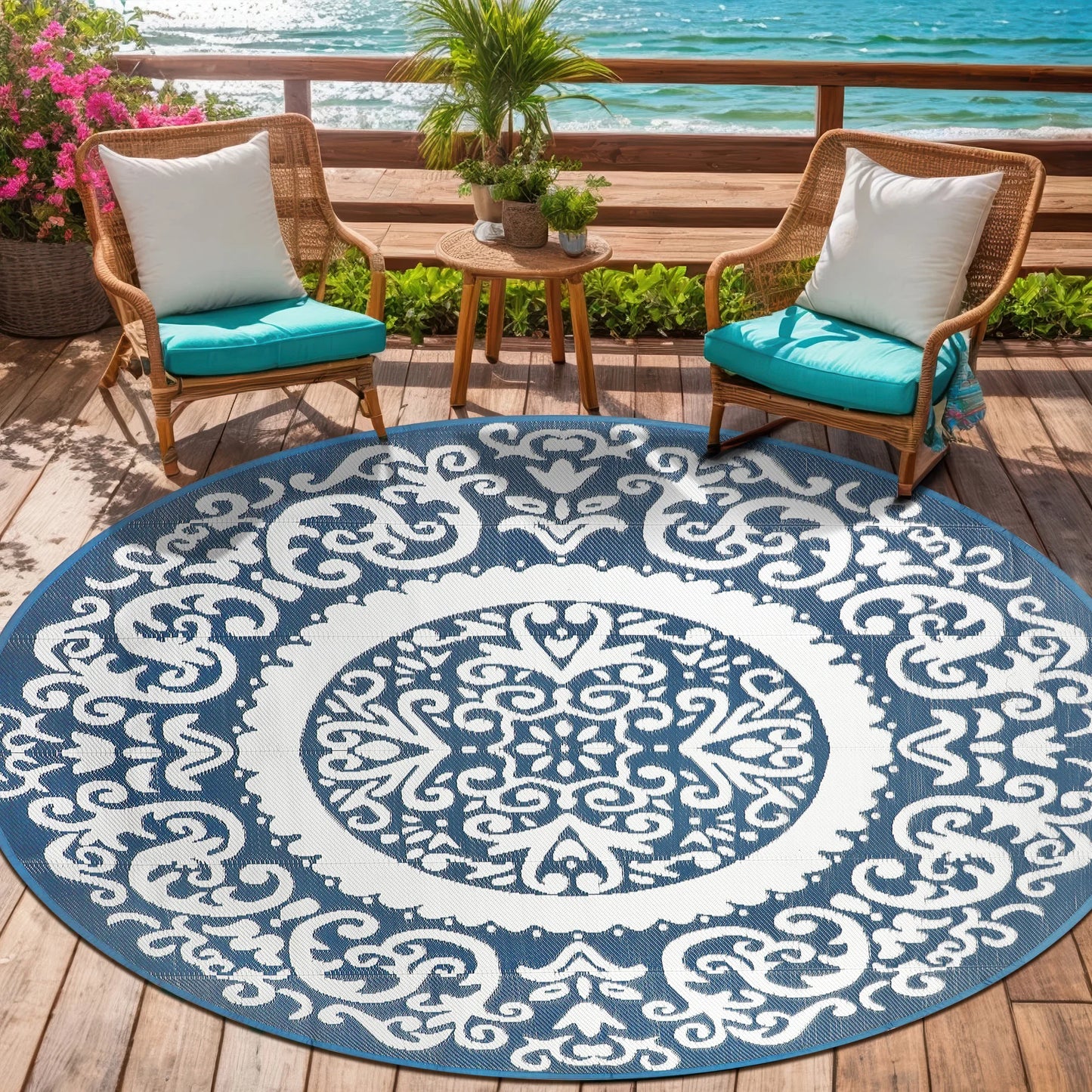 8ft Round Outdoor Patio Rug, Reversible,Lightweight