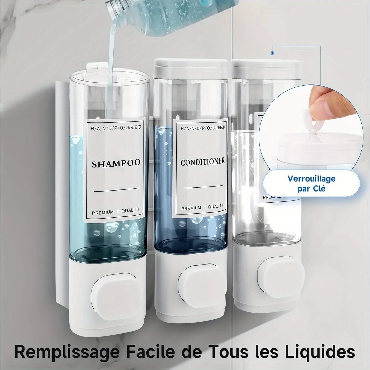 Wall-mounted 3-in-1 Soap, Shampoo and Conditioner Dispenser, No Drilling Required