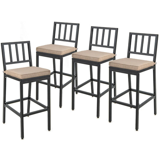 Outdoor Metal Bar Stools (Set of 4) – 30" Counter‑Height Chairs with Beige Cushions