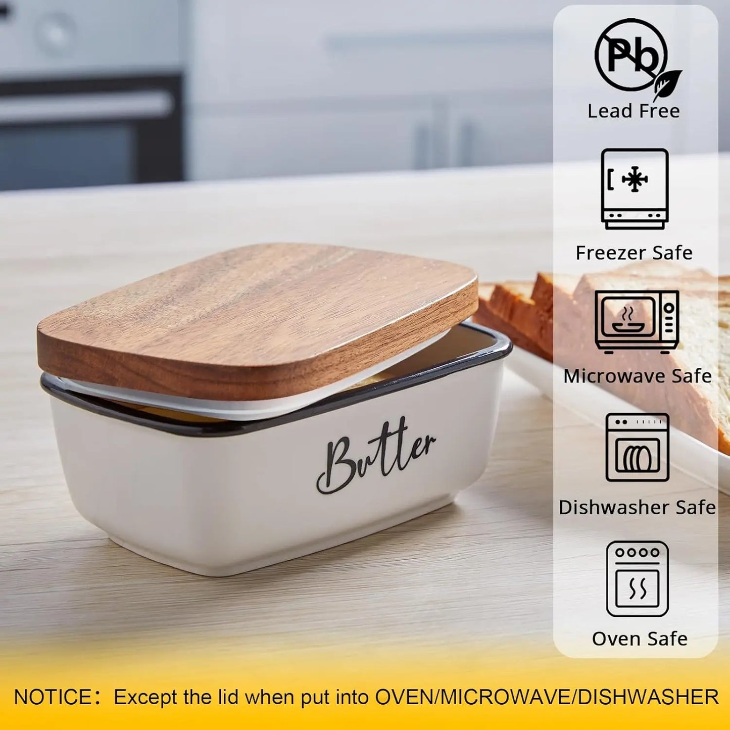 Large White Ceramic Butter Dish – Holds 2 Sticks, Acacia Wood Lid for Modern Kitchen Décor