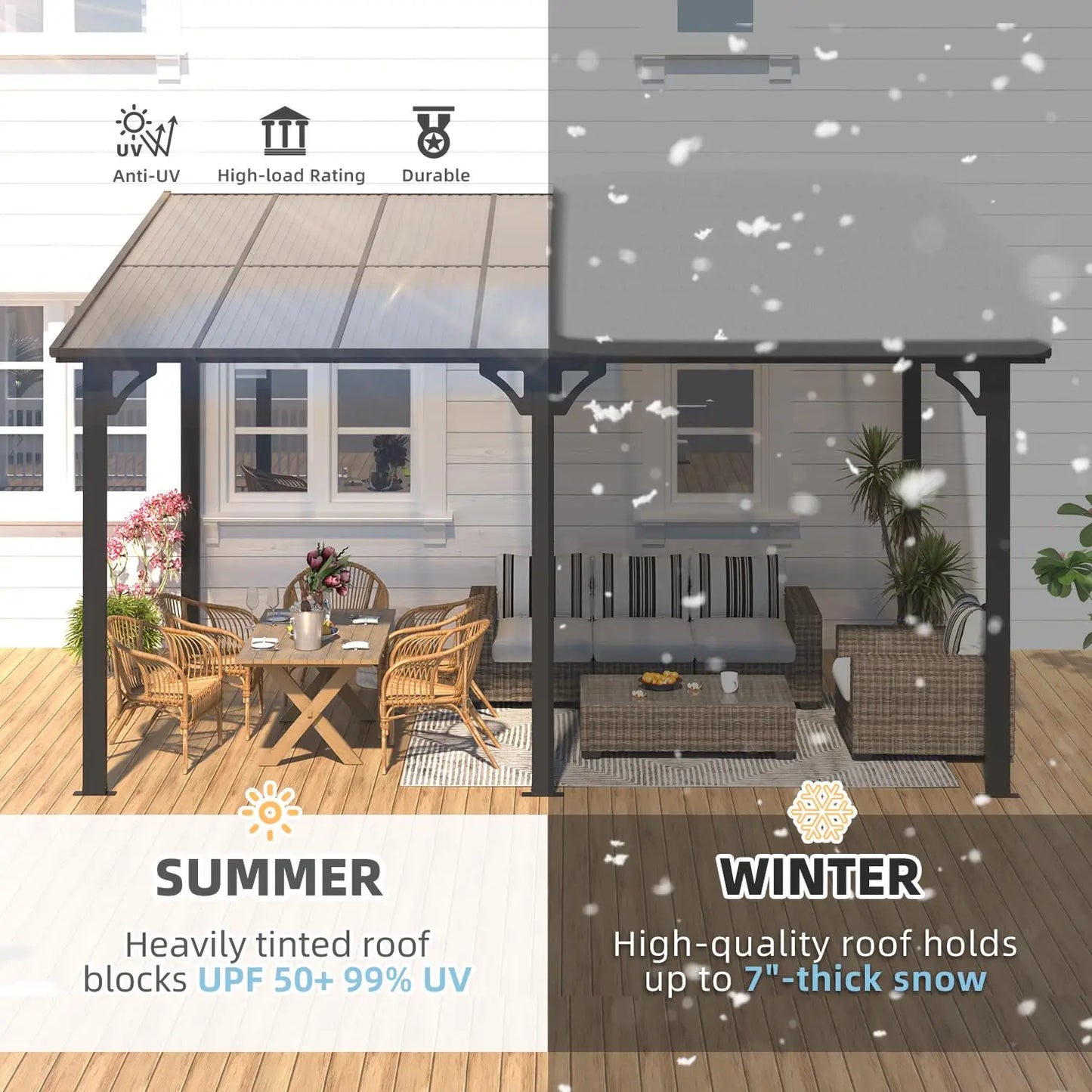 14' × 10' Hard‑Top Lean‑To Gazebo – Wall‑Mounted Pergola with Metal Roof, 140 Sq. Ft. Shaded Patio Coverage