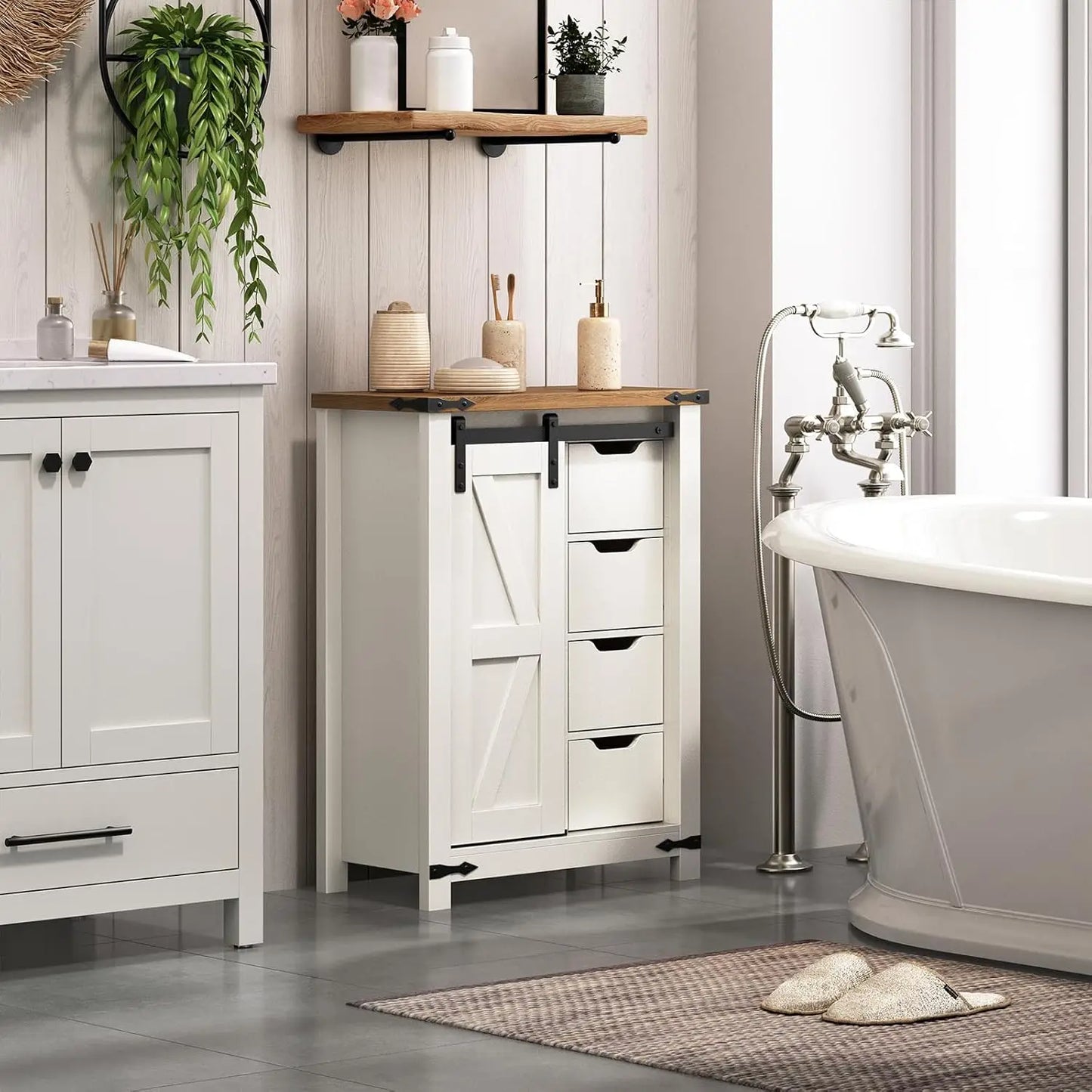 Storage Cabinet, Farmhouse with Sliding Barn Door, Adjustable Shelf and 4 Drawers, 11.8" D x 23.6"