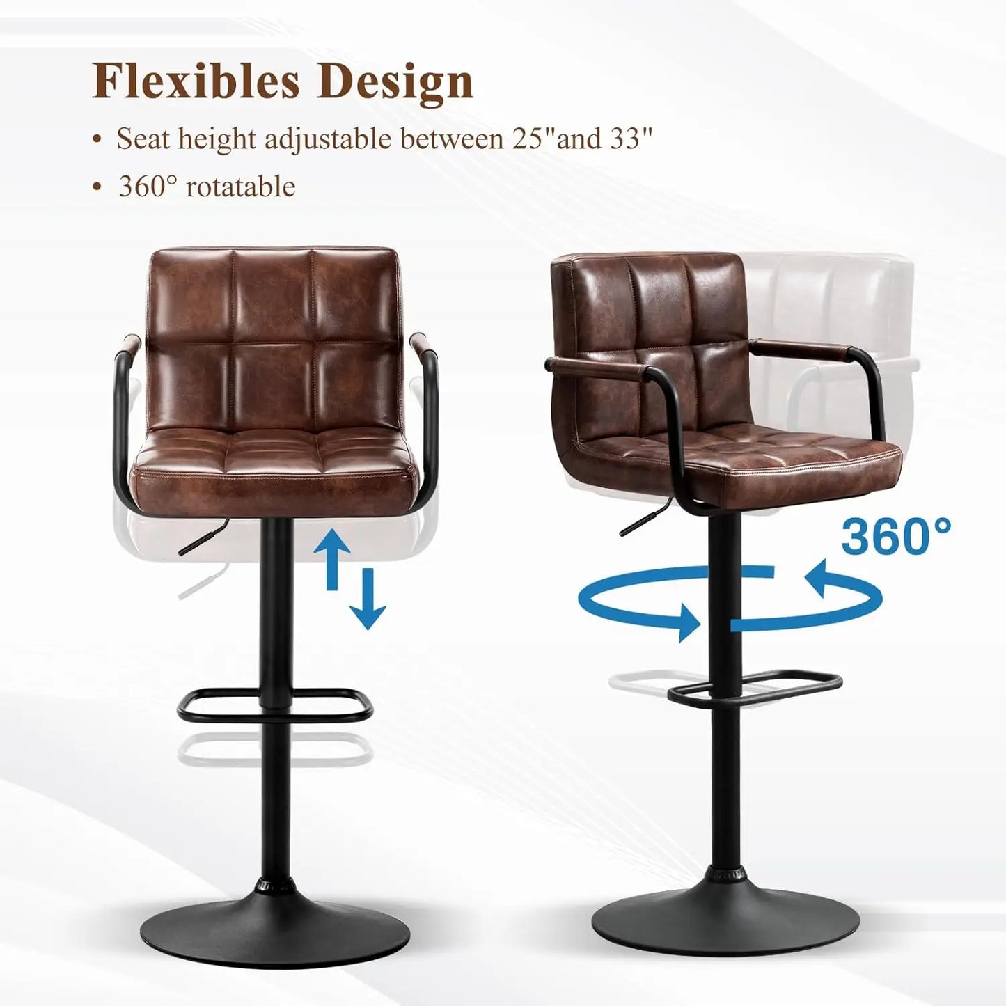 Swivel Bar Stools Set of 4, Adjustable Kitchen Counter Height with Arms, PU Leather Upholstered