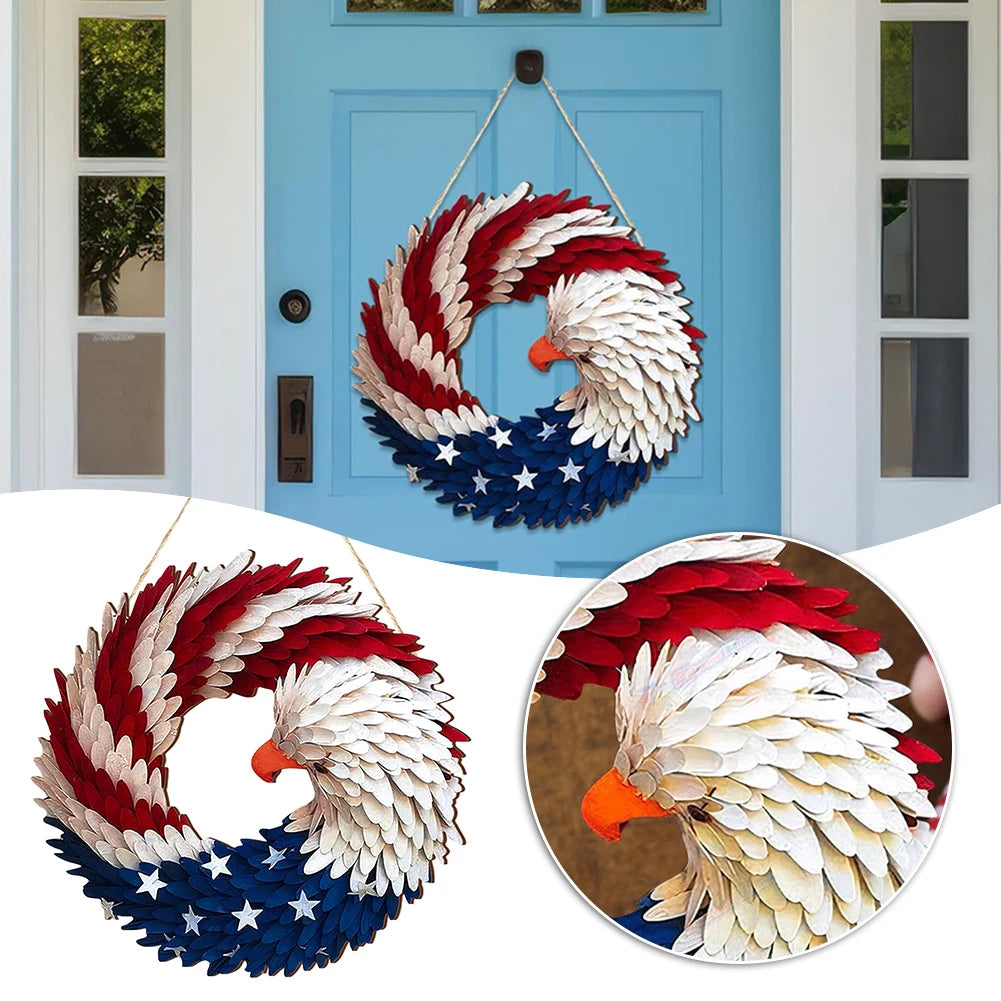 Independence Day Front Door Sign - Wall Hanging Round Wooden Plaque Patriotic Decor Garland
