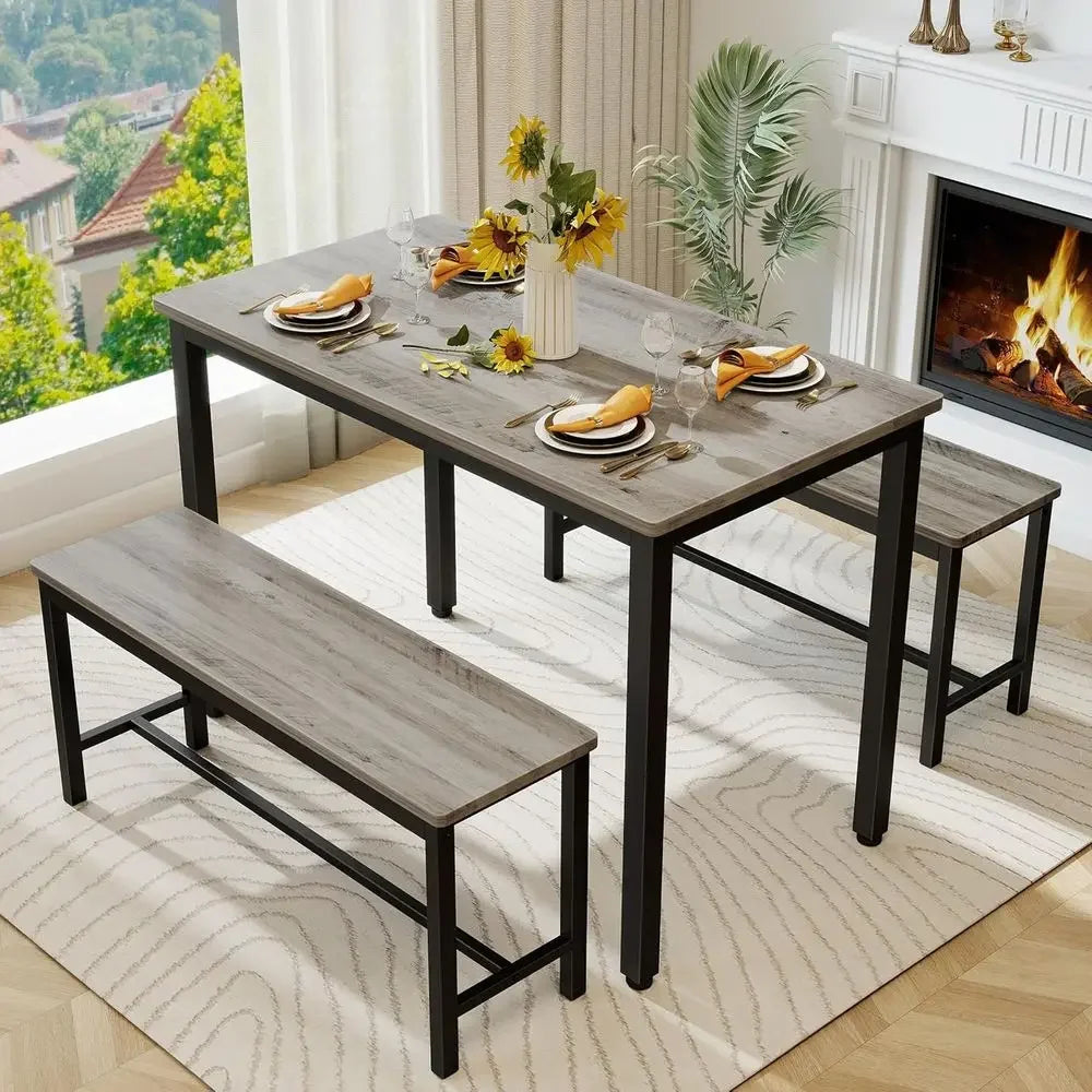 Durable 4-Person Dining Set with Bench, Easy Assembly, Grey