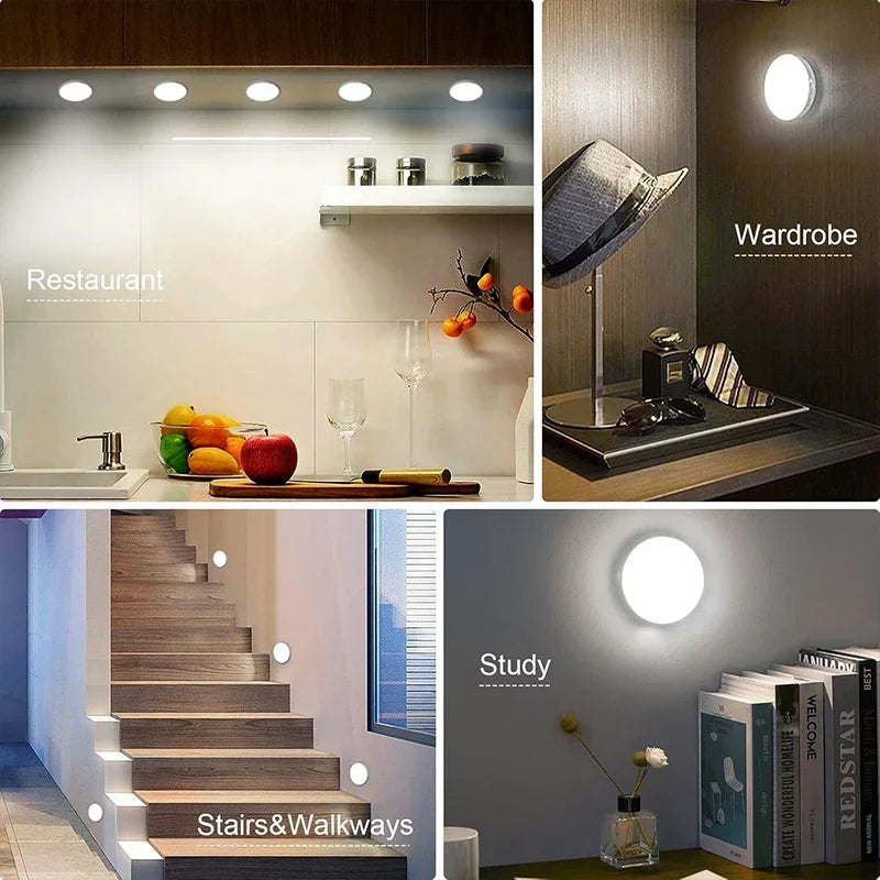 2–6 Pack Motion Sensor LED Night Lights – USB Rechargeable, 3‑Color Wireless Lamps for Cabinets, Closets & Stairs