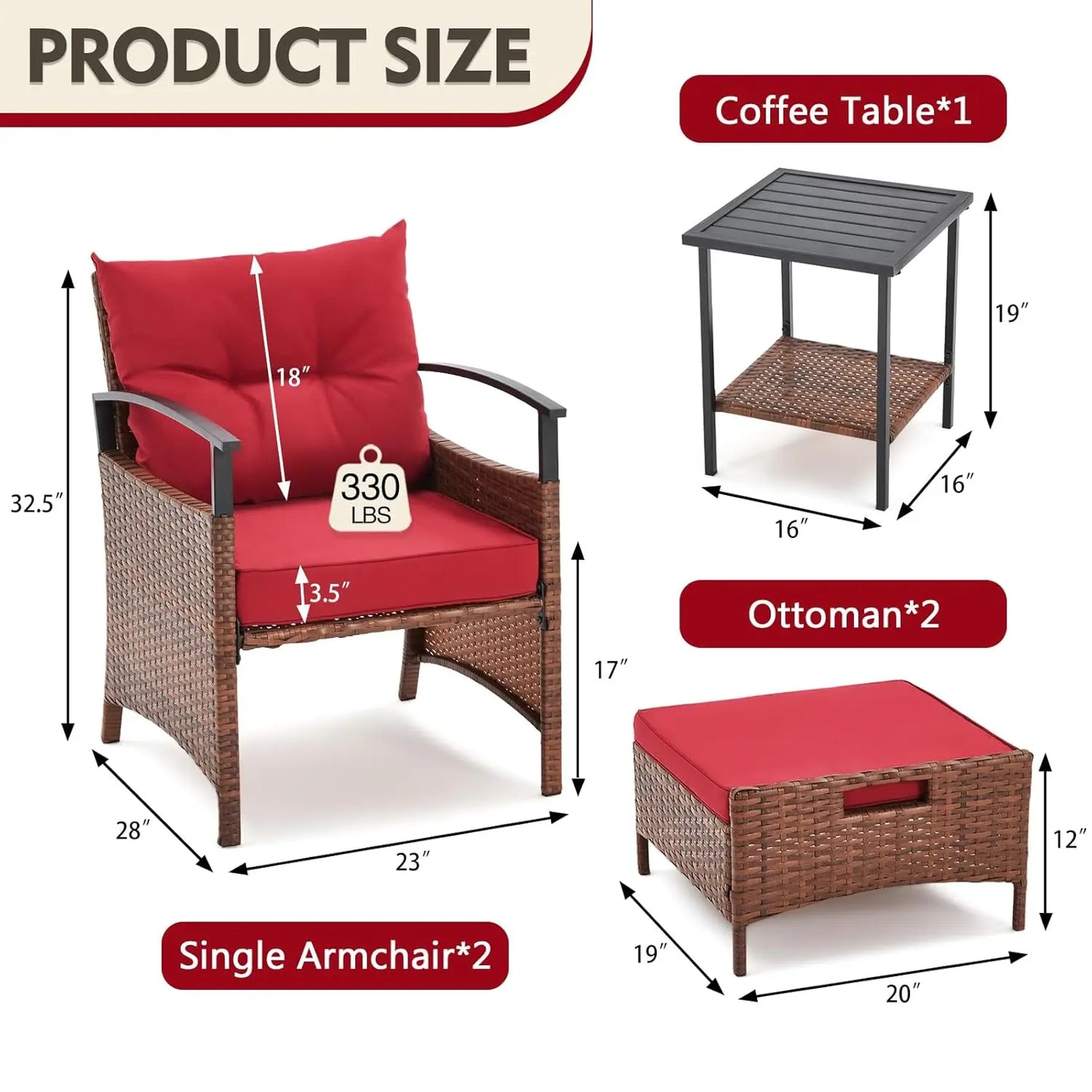 5 Pieces Patio Furniture Set, Outdoor Rattan Chairs with Metal Coffee Table, Ottomans & Soft Cushions