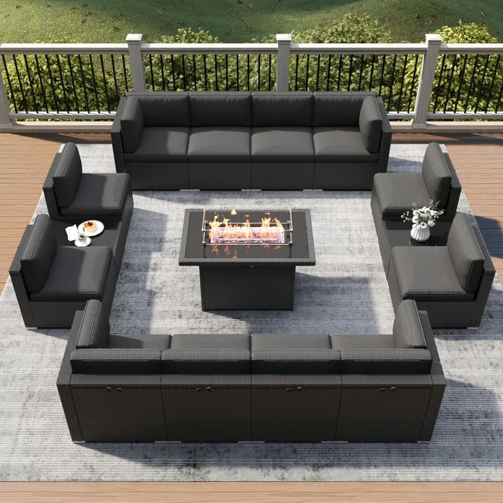 15‑Piece Rattan Wicker Patio Furniture Set – Outdoor Seating Set with Fire Pit Table