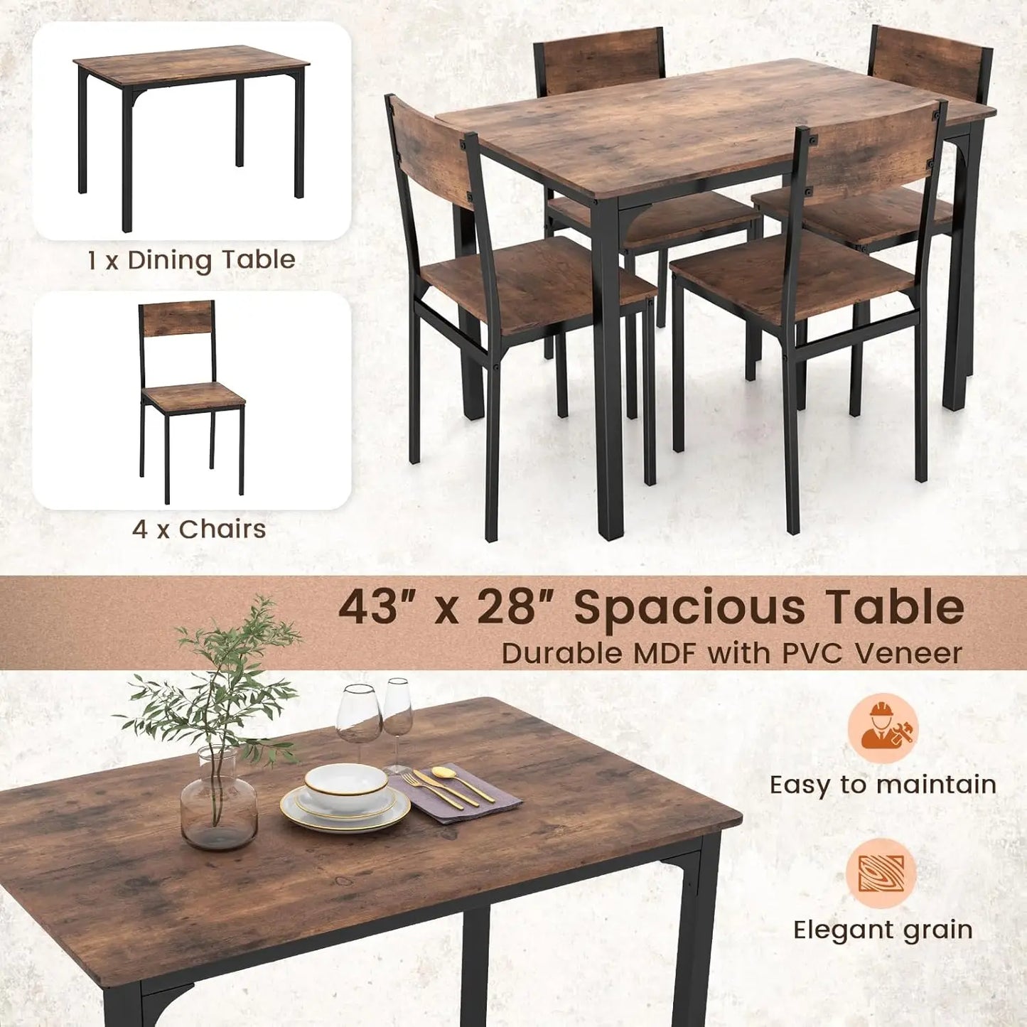 5-Piece Dining Table Set - Table and 4 Chairs with Backrest and Metal Frame