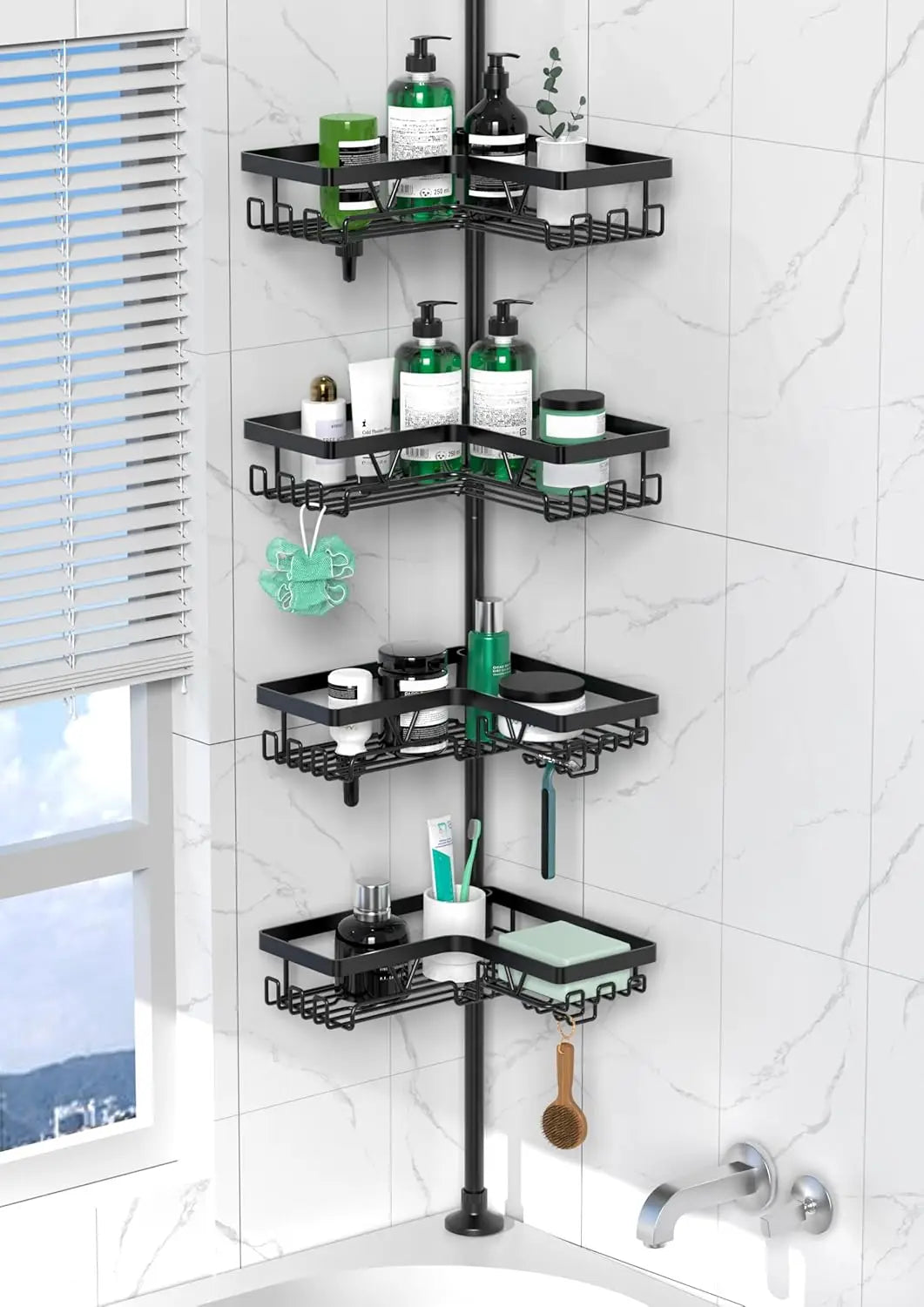4-Tier Stainless Steel Adjustable Shower Caddy Tension Pole for Bathroom Organization, Rustproof Black