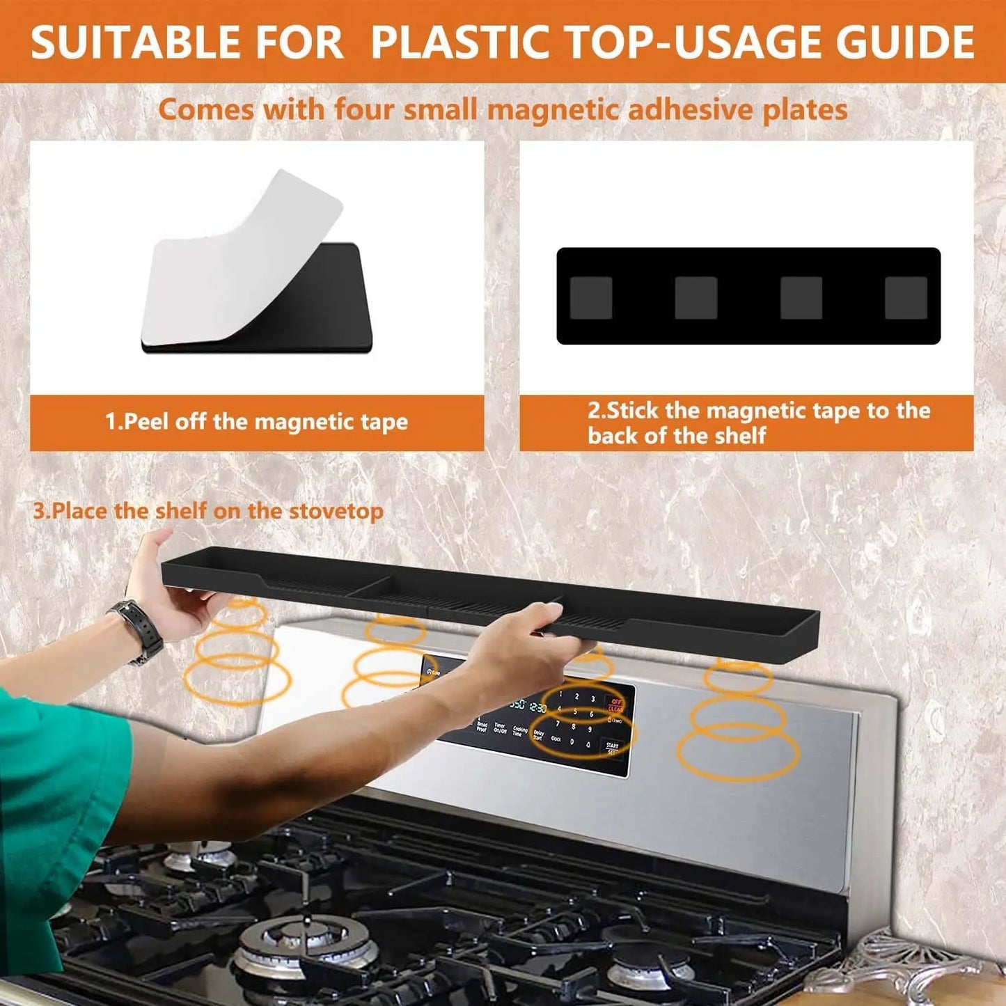 Magnetic Stove Top Shelf with 3 Partitions, Silicone Material for Kitchen Spice Rack Organizer in Black