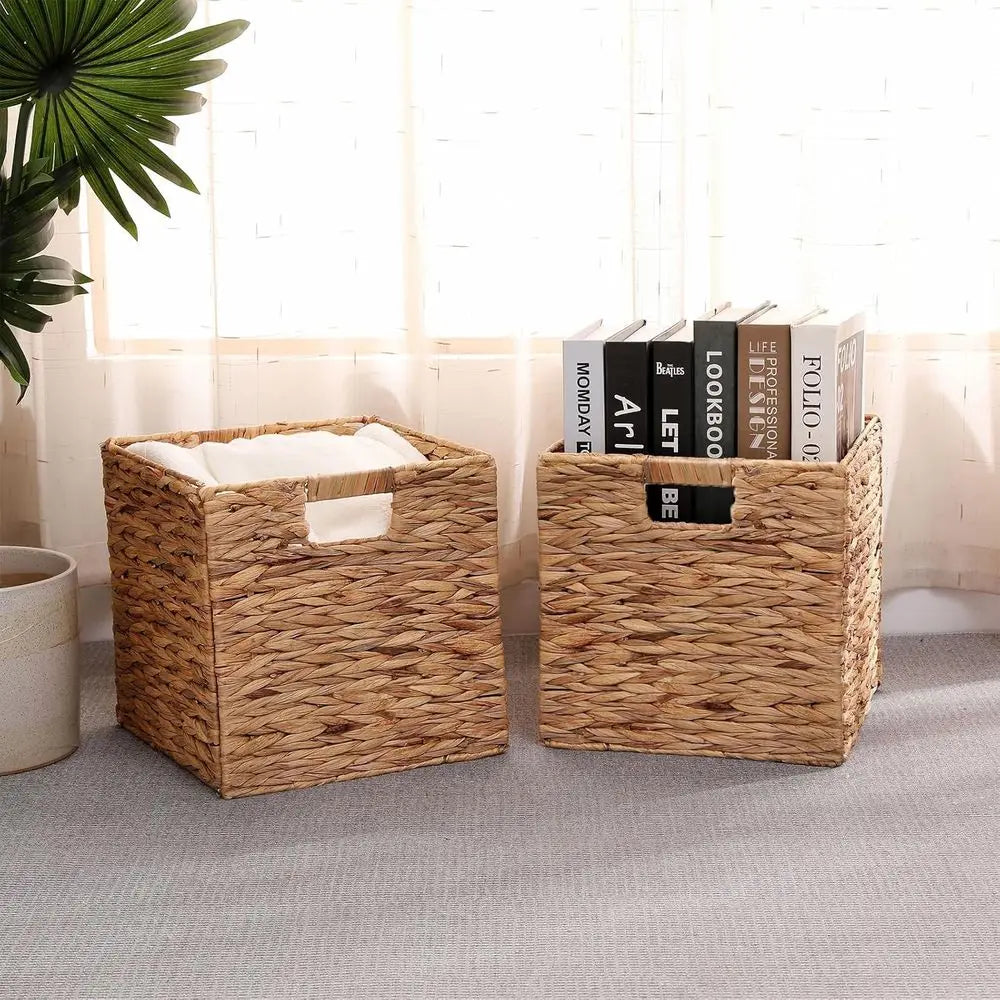 11x11in Wicker Storage Basket Set of 2 Collapsible Cube Storage Baskets, Storage Bins with Built-in Handles