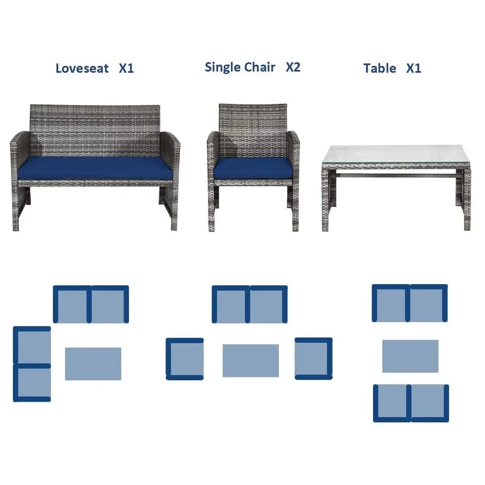 4 Piece Wicker Patio Furniture Set with Soft Cushions Tempered Glass Coffee Table