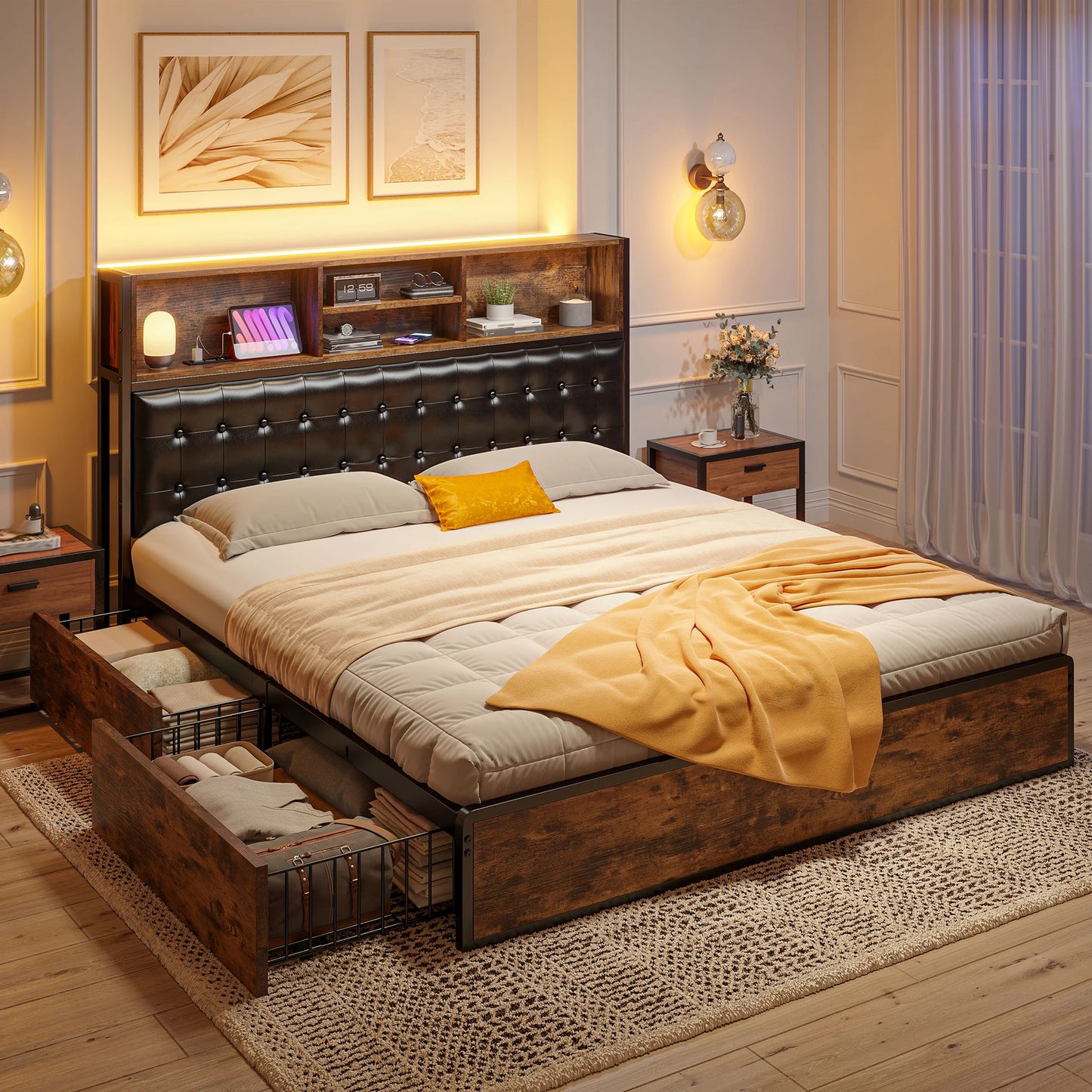 Full/Queen/King Bed Frame with Charging Station and 4 Storage Drawers, Platform Bed