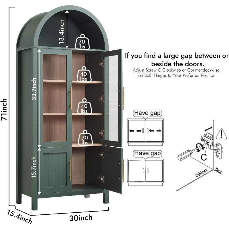 71" Arched Display Cabinet with Glass Doors | 5-Tier Modern Bookcase