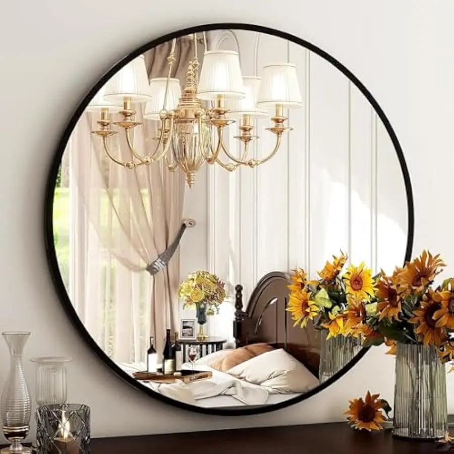 Modern Round Wall Mirror – Matte Black Aluminum Frame (30")