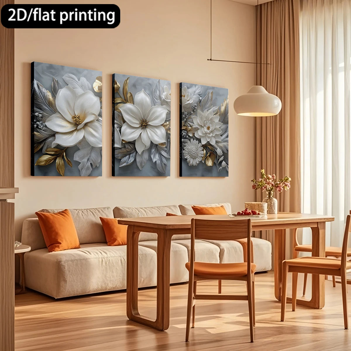 3‑Piece White & Gold Flower Canvas Wall Art – Wooden Frame Decorative Set (Available in Multiple Sizes)