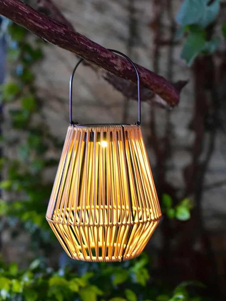 Outdoor Hanging Solar Lantern - Waterproof, Rattan Bamboo