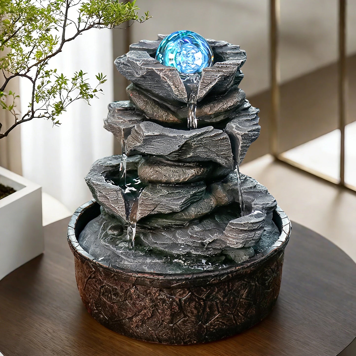 Four-Layer Resin Fountain, 10" Tabletop Waterfall Fountain with LED-Lit Rock Layers, Resin Fountain for home/Office Decor