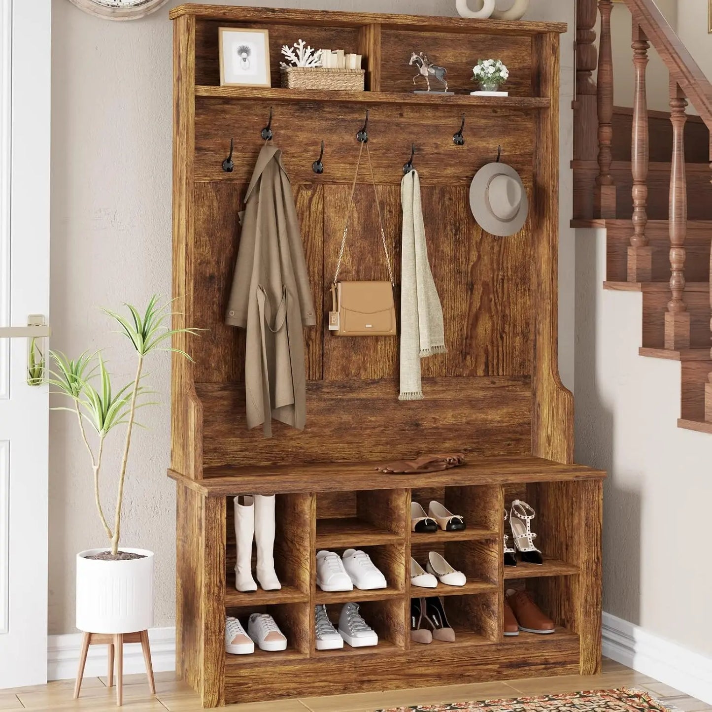Hall Tree with Bench and Shoe Storage, 3-in-1 Entryway Bench