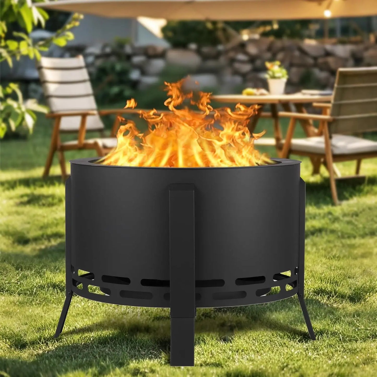 26" Low‑Smoke Outdoor Fire Pit – Portable Fire Bowl with Folding Feet for Patio, Backyard & Camping