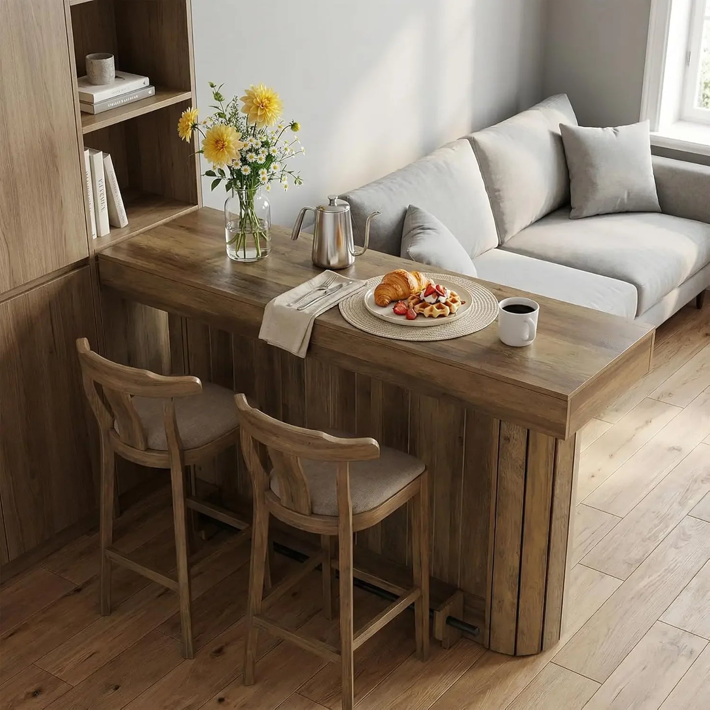 63-Inch, 3-Tier Wooden Home Bar Table with Metal Footrest