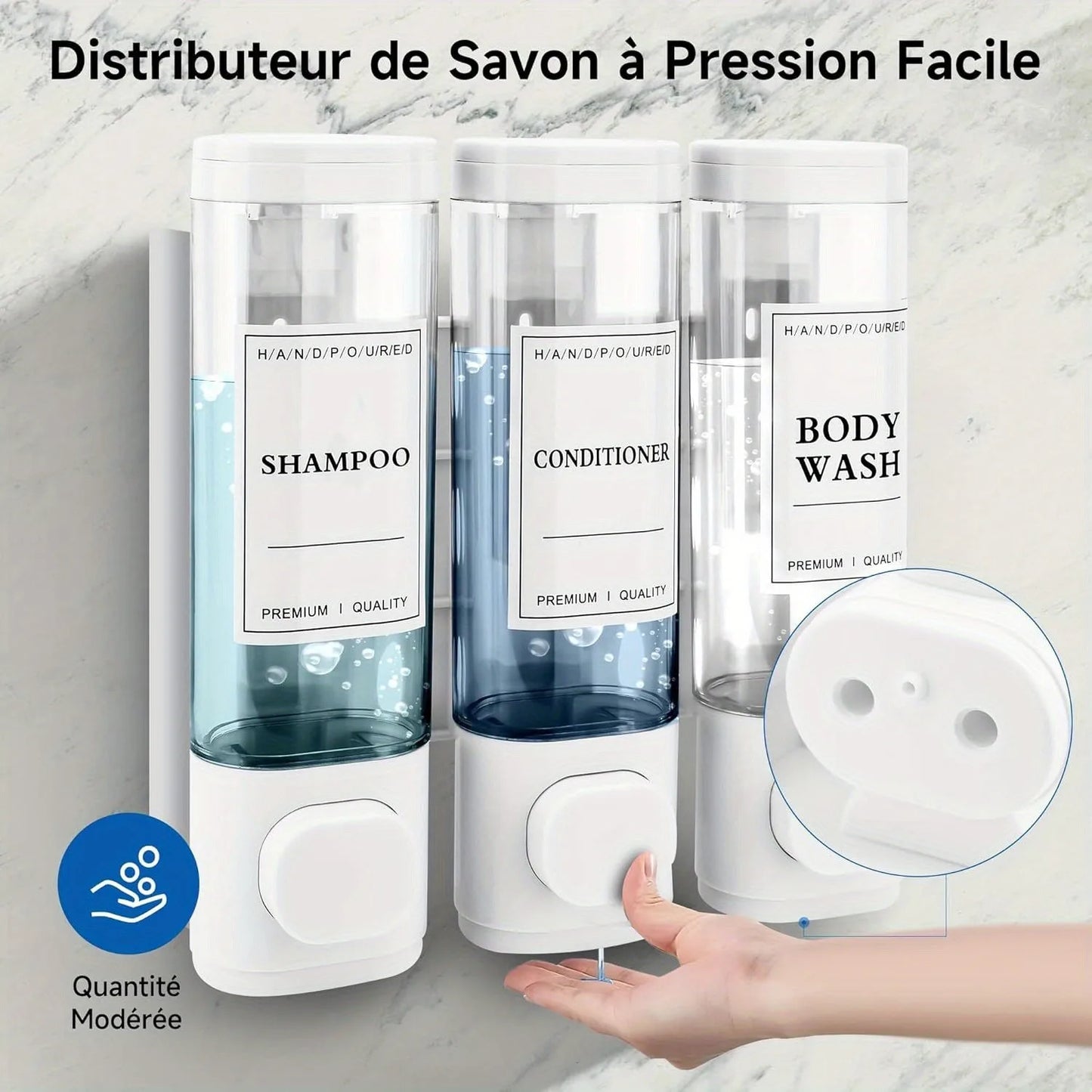 Wall-mounted 3-in-1 Soap, Shampoo and Conditioner Dispenser, No Drilling Required