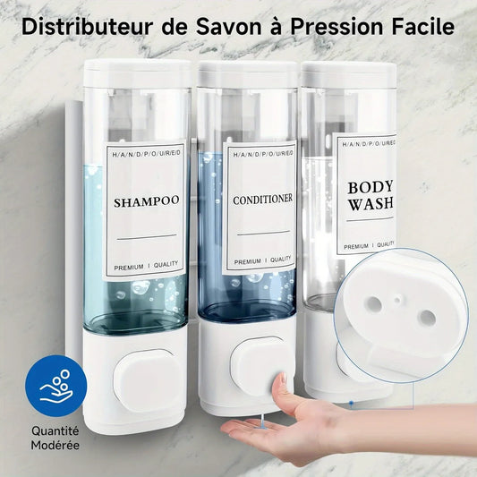 Wall-mounted 3-in-1 Soap, Shampoo and Conditioner Dispenser, No Drilling Required