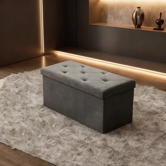 Heavy Duty Folding Storage Ottoman Bench, Indoor Outdoor Multipurpose Seat, Gray Easy Clean Fabric Organizer for Patio Garden