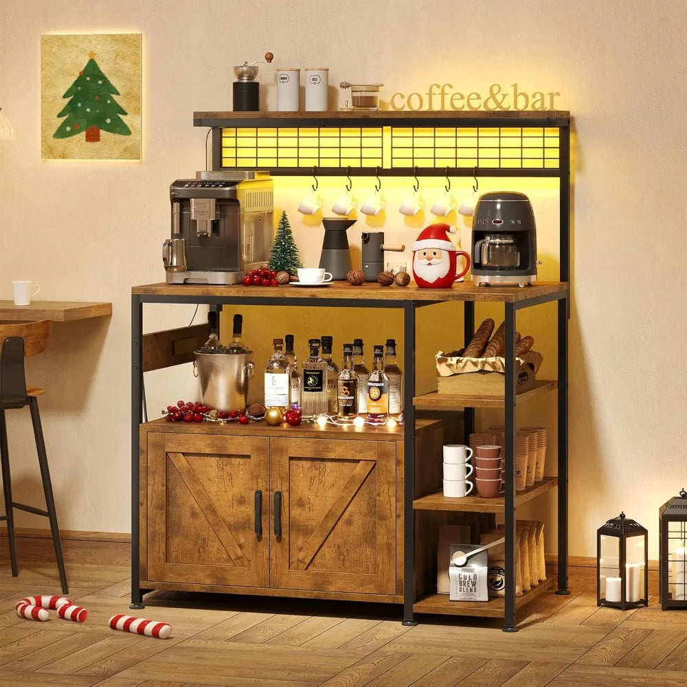 Bakers Rack with Power Outlet and LED Light, Microwave Stand with Storage Cabinet, Coffee Bar Cabinet Station