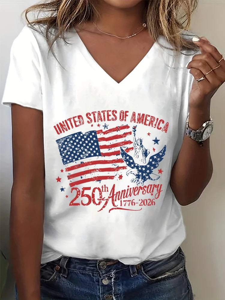 4th of July V-neck T-Shirt Women Clothing America 250th Anniversary Graphic T Shirt 1776-2026 USA 250th Birthday Tops