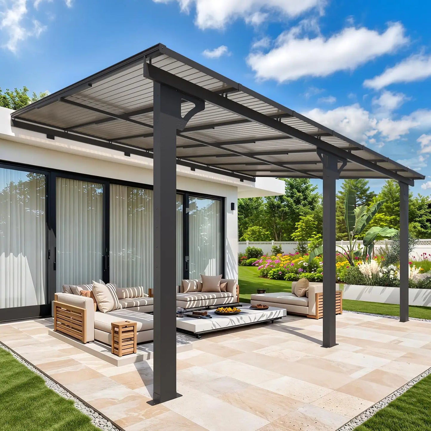 14' × 10' Hard‑Top Lean‑To Gazebo – Wall‑Mounted Pergola with Metal Roof, 140 Sq. Ft. Shaded Patio Coverage