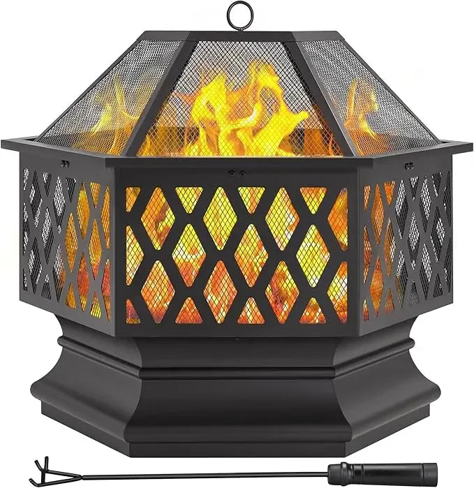 Hex Shaped Fire Bowl - Large Wood Burning Outdoor Fire Pit with Spark Screen & Poker for Bonfire, Campfire