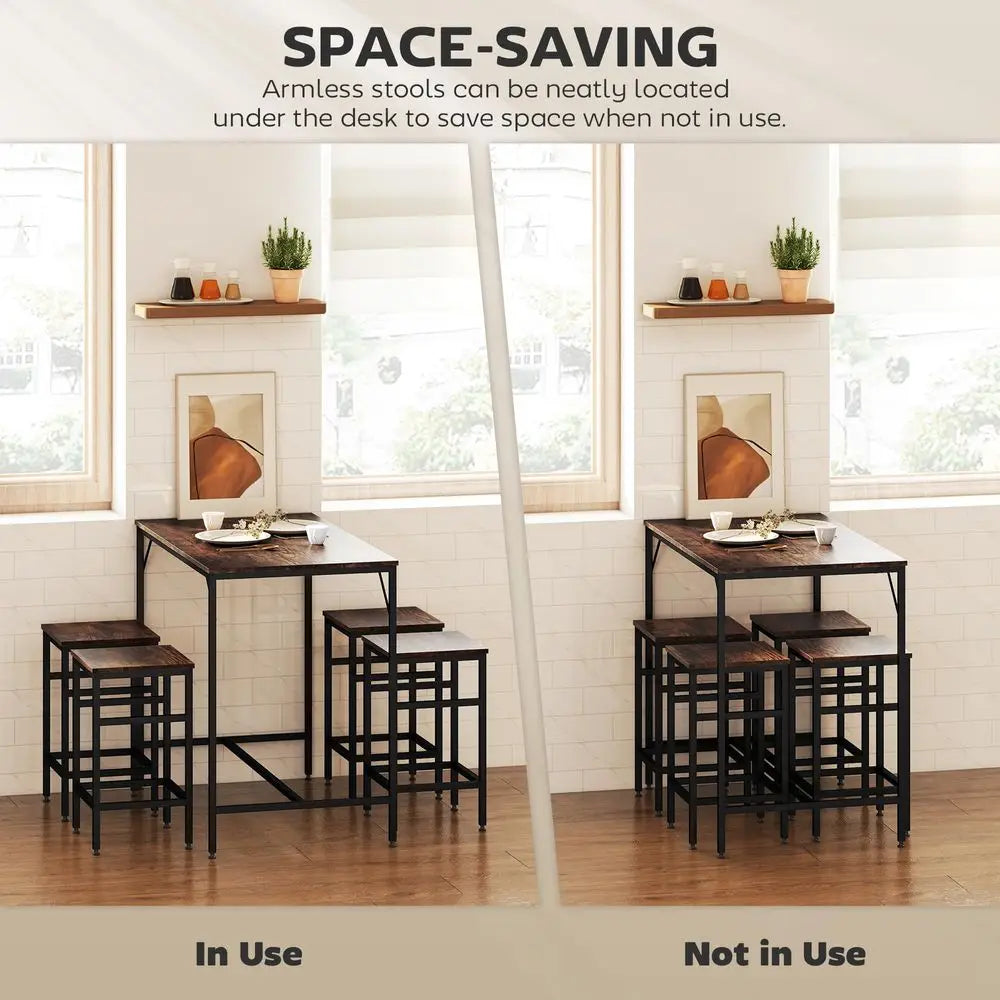 5 Piece Industrial Dining Table Set, Bar Table and 4 Stools