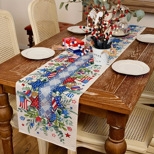 Independence Day Patriotic Table Runner, Linen 2D Print, USA Flag Star Table Decor for Dining Room & Kitchen, or Outdoors