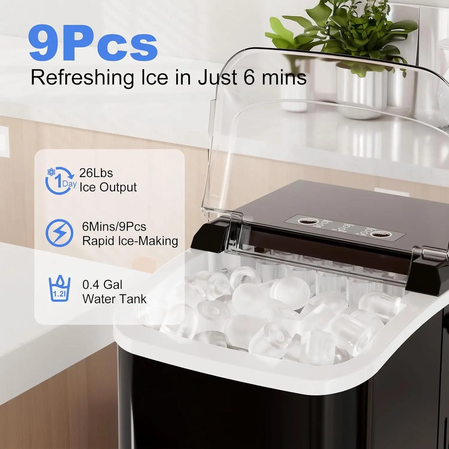 Portable Ice Maker Machine, 9 Cubes in 6 Mins, 26lbs Daily, Auto-Clean with Basket & Scoop