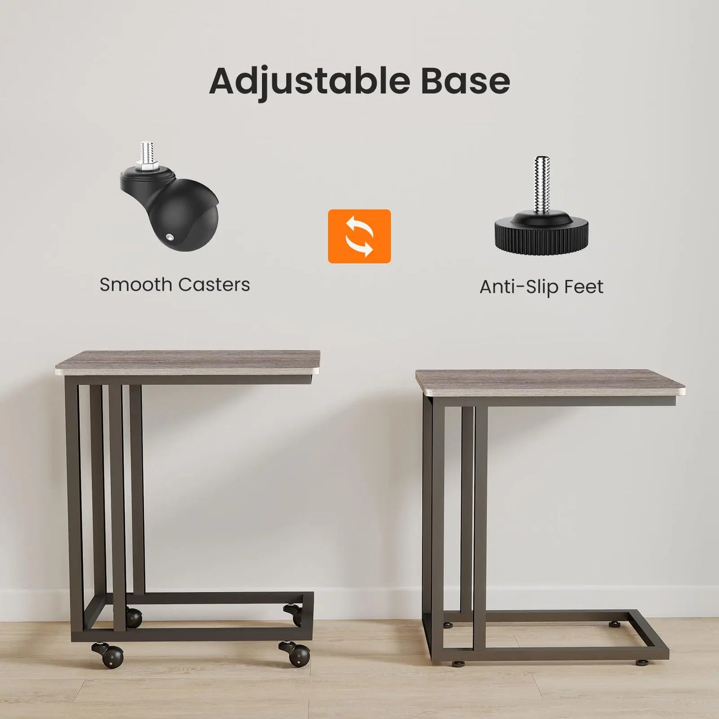 Wood Sofa Table with Wheels – Portable Overbed & Bedside Desk with Adjustable Feet and Metal Frame