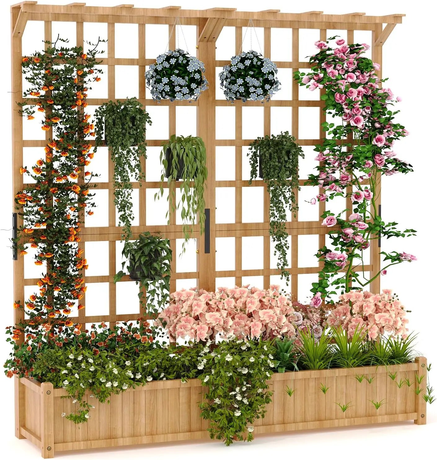 Large Raised Garden Bed with Lattice Trellis for Vine Climbing& Hanging Roof With 8 Drainage Holes