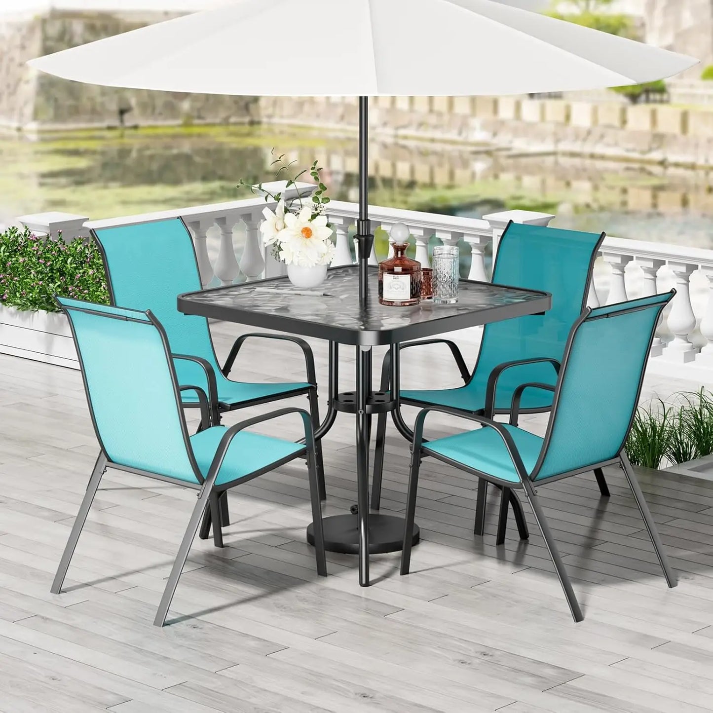 5‑Piece Patio Dining Set – All‑Weather Metal Furniture with 30"×30" Table & 4 Stackable Chairs