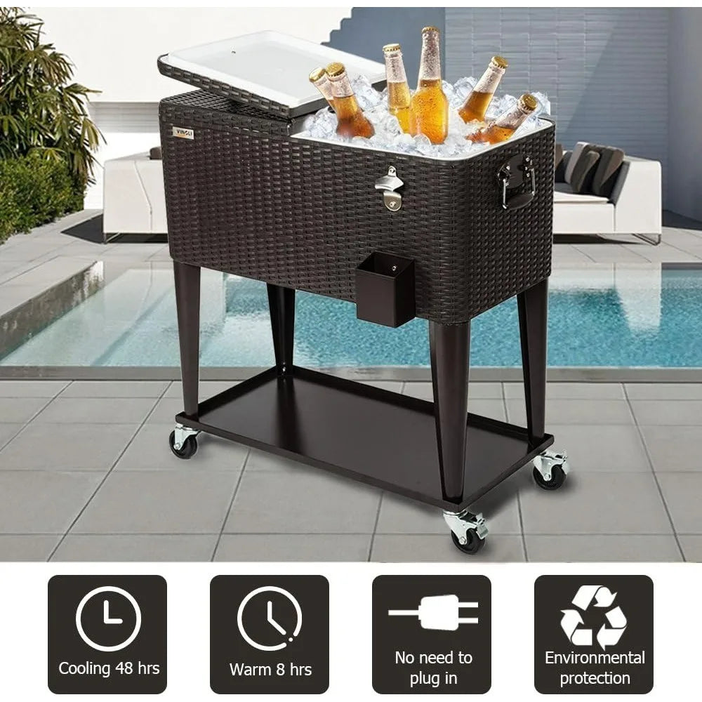80QT Rolling Ice Chest – Portable Patio Party Cooler Cart with Shelf & Bottle Opener, Brown