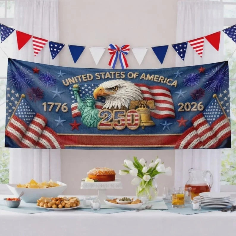 USA 250th Anniversary Banner, America 1776-2026 Patriotic Outdoor Decor, Independence Day Celebration Backdrop Sign, 1PC