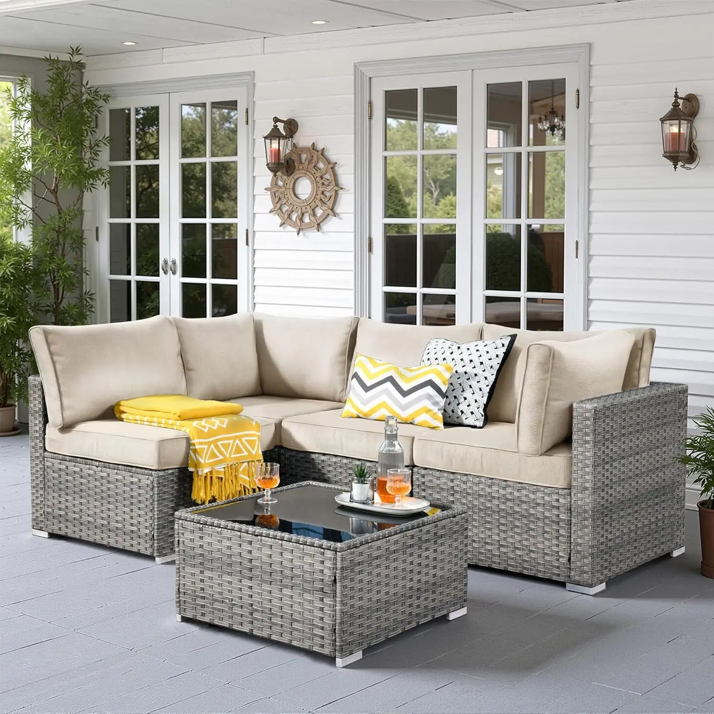 5 PCS Outdoor Patio Furniture Sets, Wicker - Weather Resistant