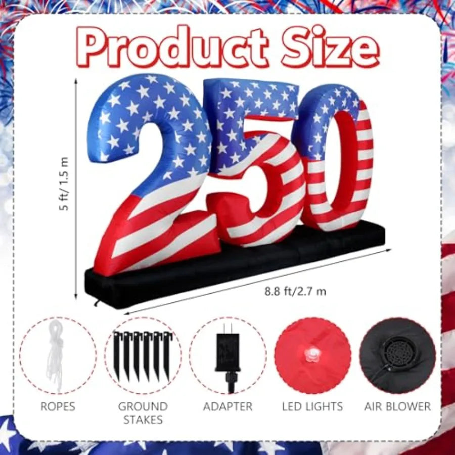 8.8FT Inflatable 250th Anniversary Decoration – Patriotic Blow‑Up with Built‑In LED Lights for 4th of July