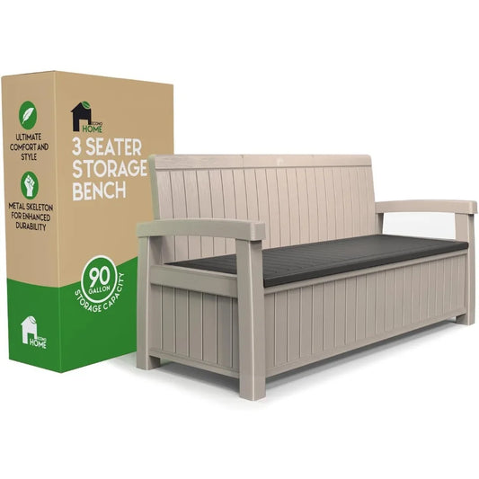 3‑Seat Outdoor Storage Bench – 90‑Gallon Weatherproof Resin Deck Box with Seating