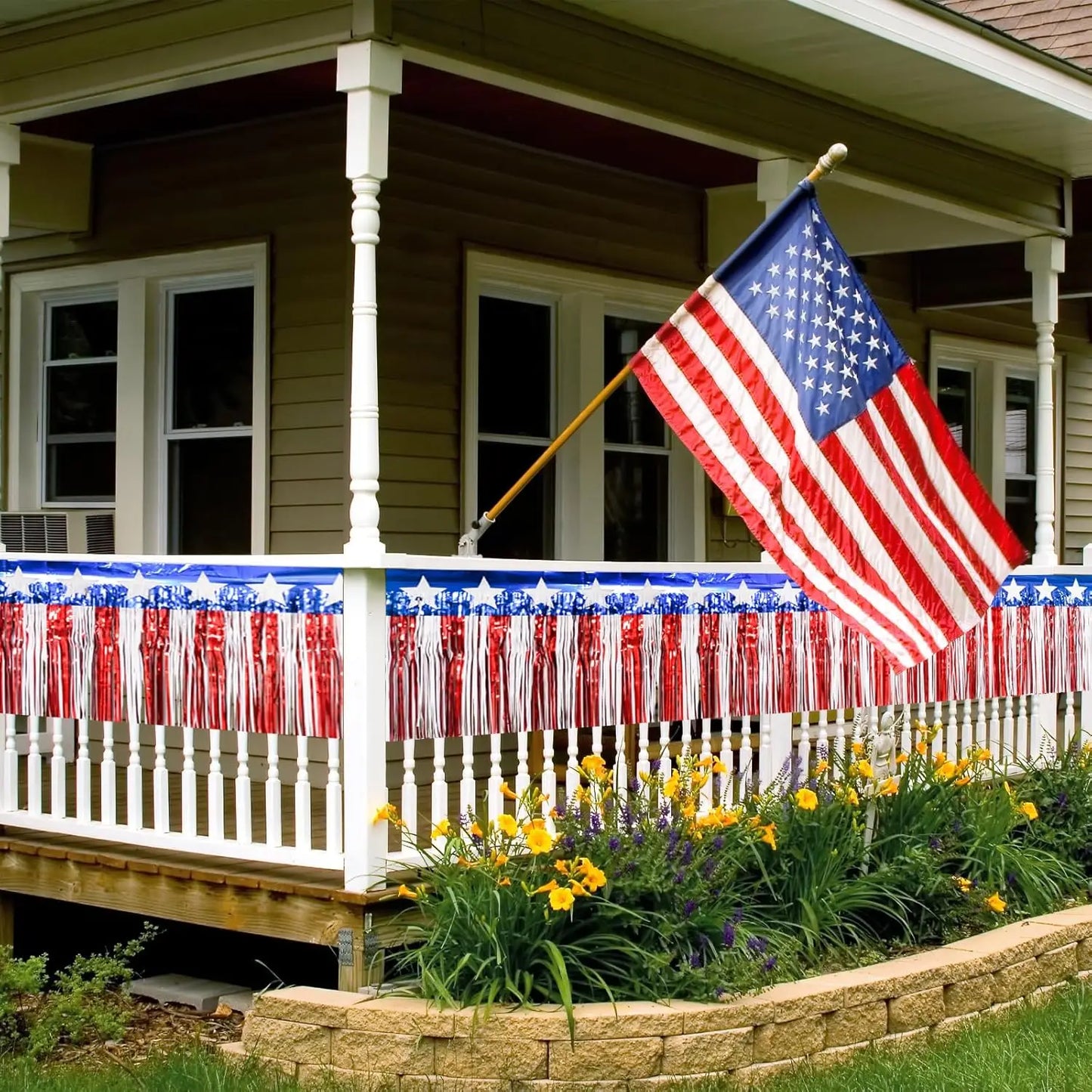 Patriotic Foil Fringe Banner – Red, White & Blue Metallic Streamers for July 4th Décor