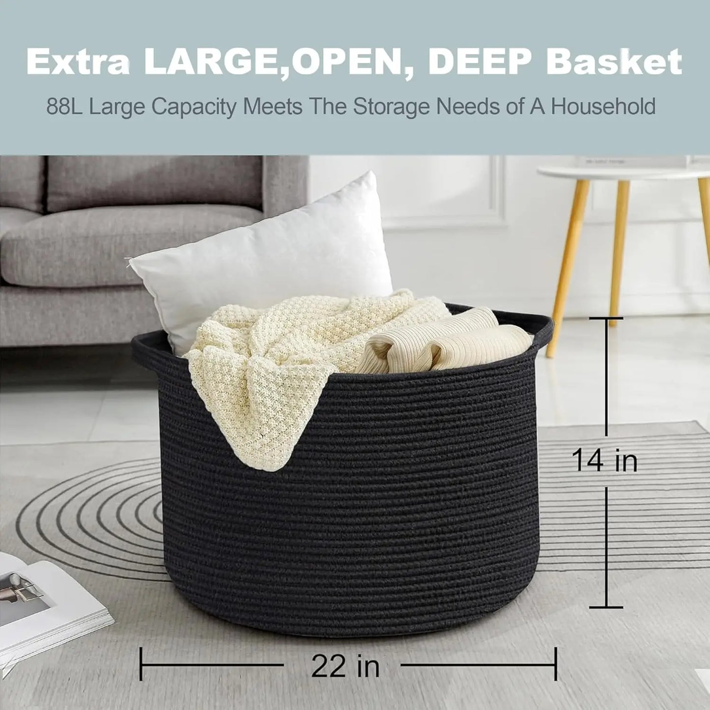Large Black Woven Rope Storage Basket, 22x22x14 Inch Blanket Holder Toy Organizer
